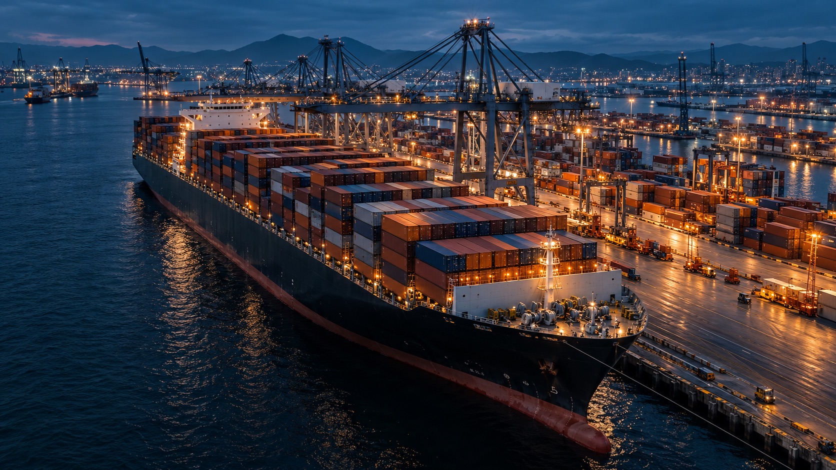 Container vessel alongside a working freight terminal at blue hour